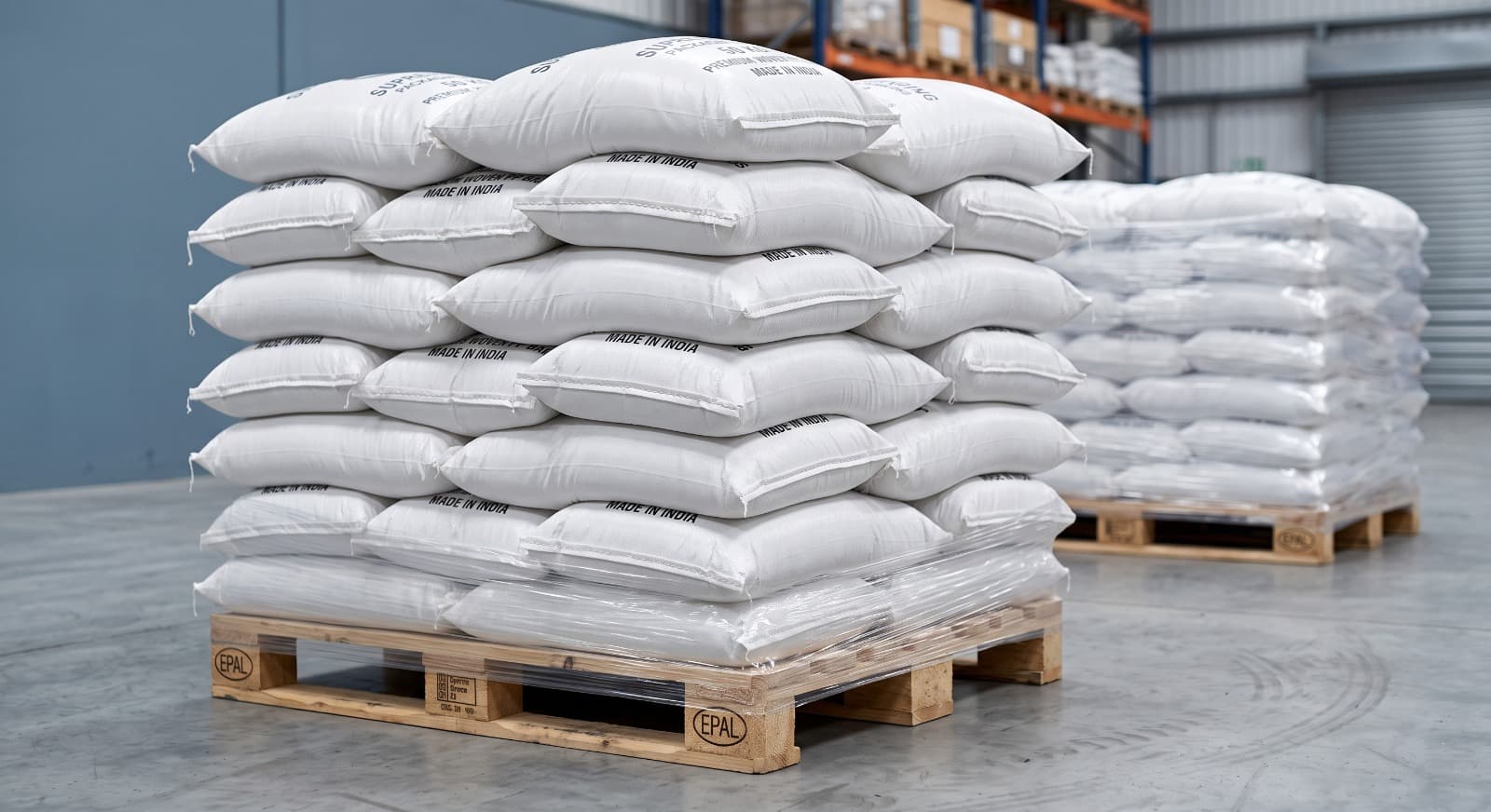 Palletised woven sack bags ready for dispatch